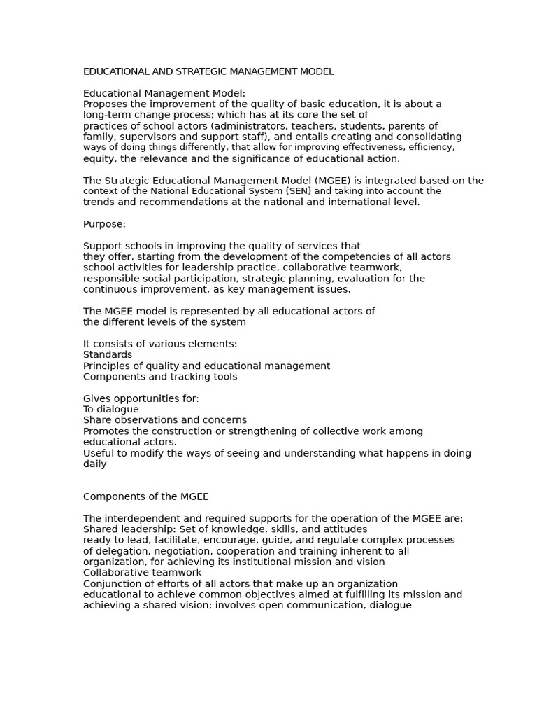 Summary of Educational and Strategic Management Model | PDF | Strategic ...