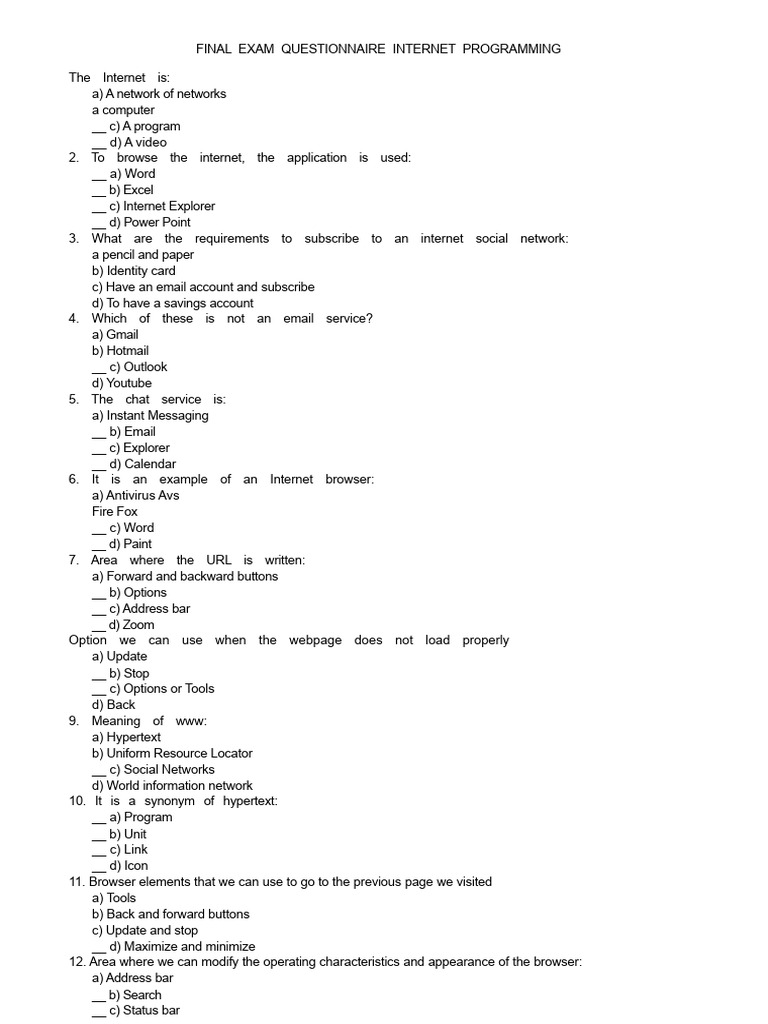 Final Exam Questionnaire | PDF | World Wide Web | Internet & Web