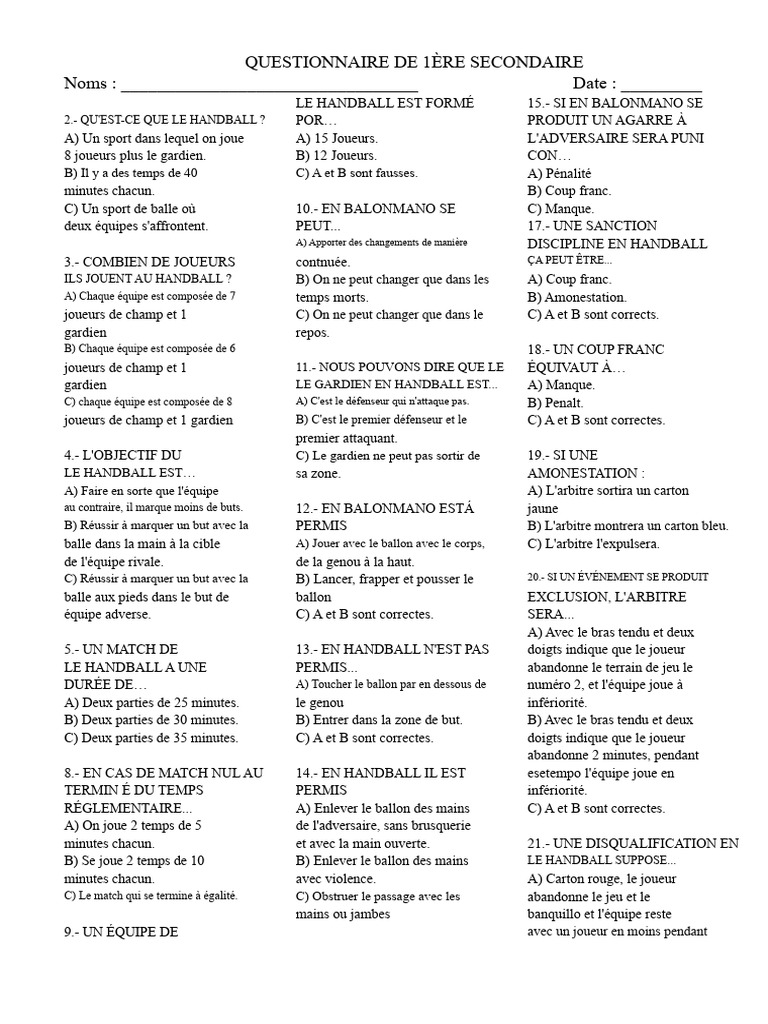 Questionnaire sur les règles du handball | PDF | Règles et ...
