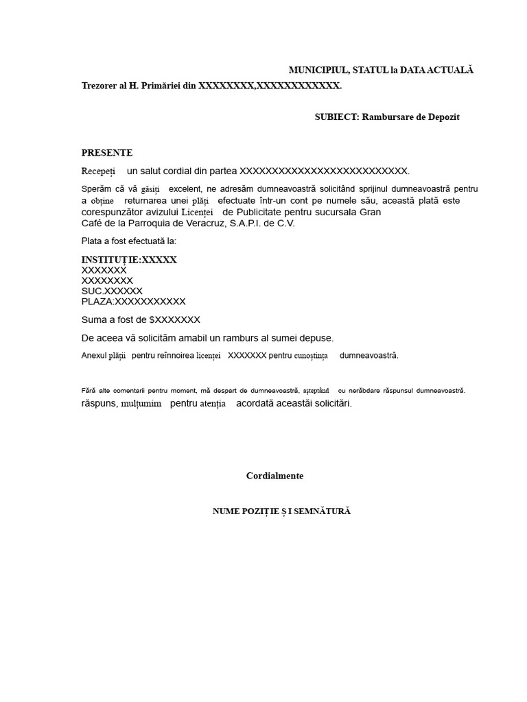 Scrisoare de Cerere Pentru Returnarea Depozitului | PDF