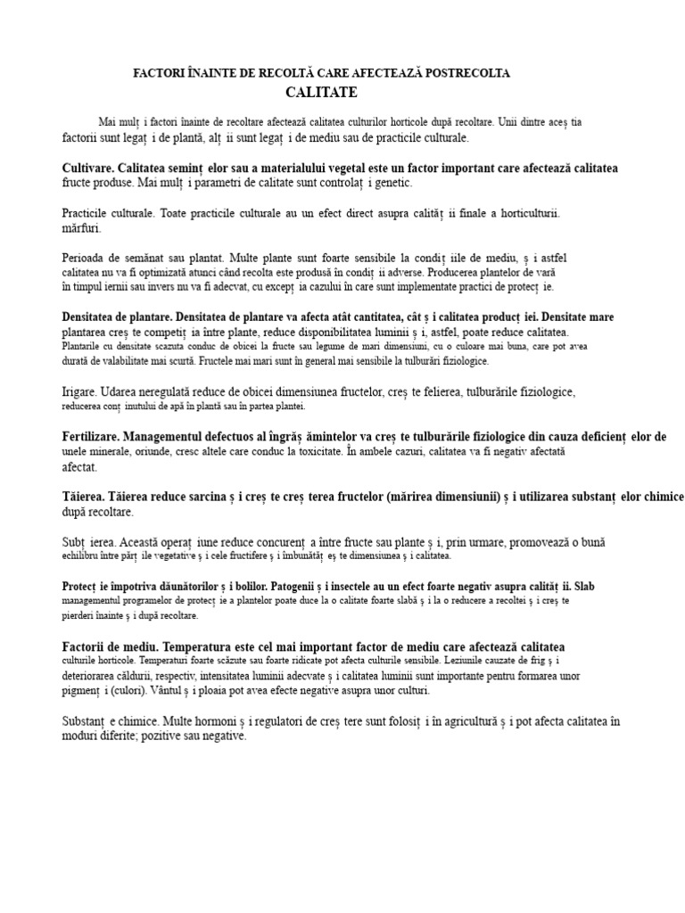 Factorii Pre-Recoltare Care Afectează Calitatea Post-Recoltare | PDF