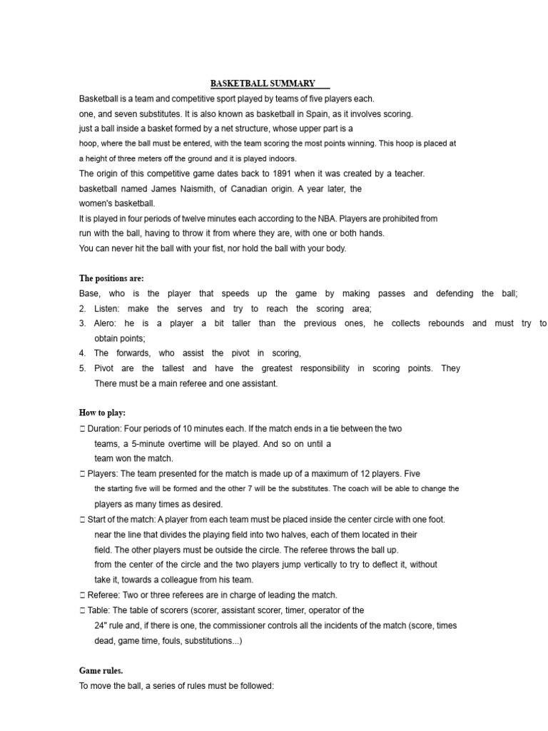 Summary of Basketball | PDF | Indoor Sports | Sports Rules And Regulations