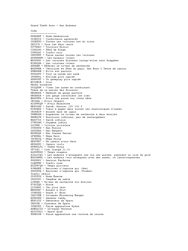 Codes de triche pour GTA San Andreas | PDF | Train | Sauvegarde ...