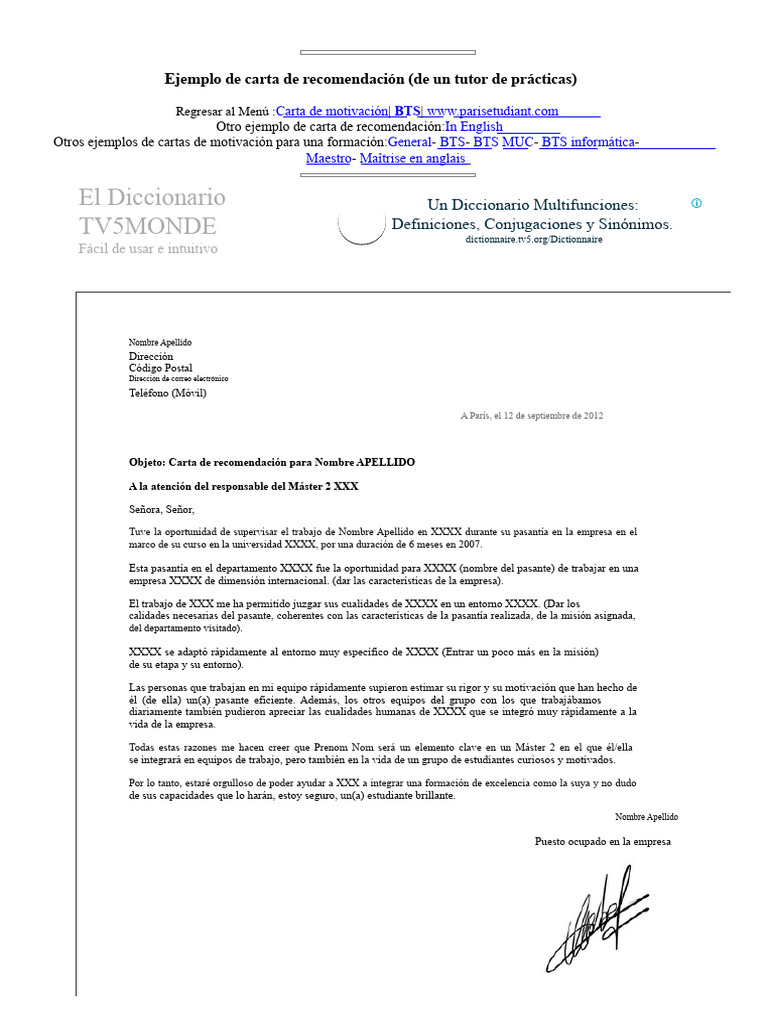 Ejemplo de carta de recomendación profesional | PDF
