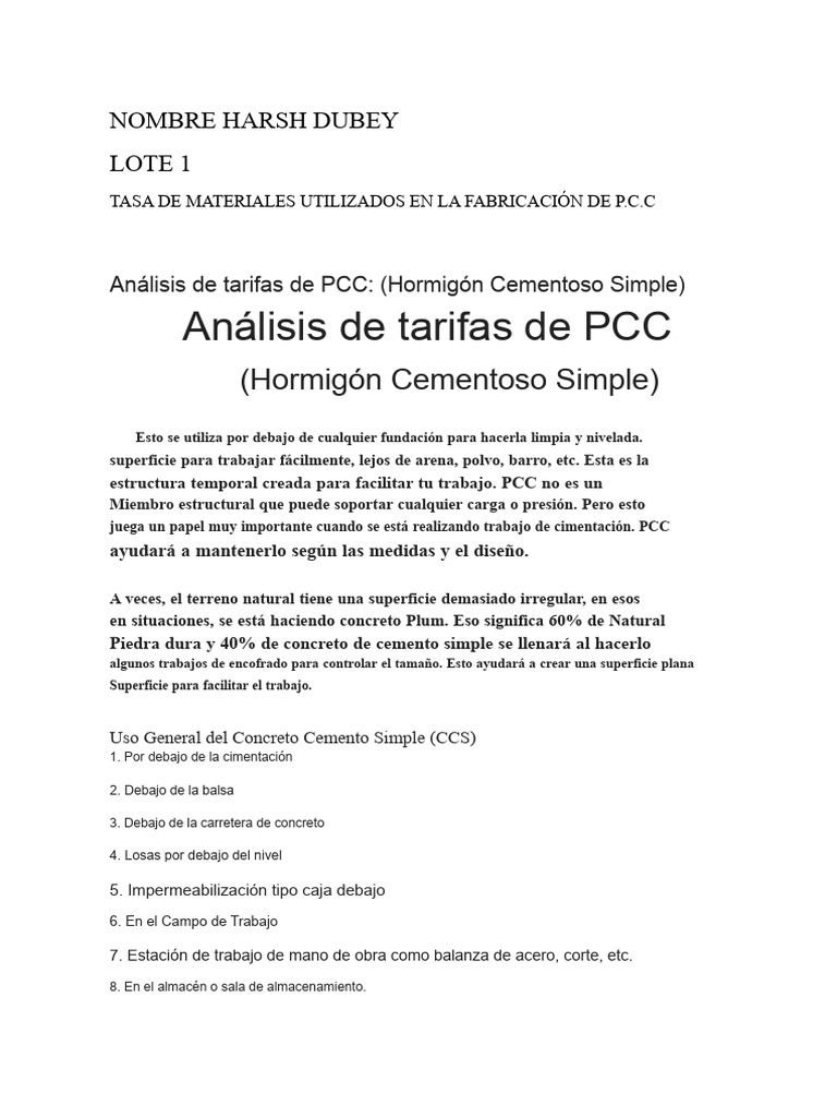 Análisis de Tarifas de PCC y Materiales | PDF | Hormigón | Diseño ...