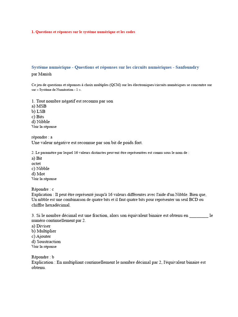 QCM sur Systèmes Numériques et Circuits | PDF | Décimal codé binaire ...