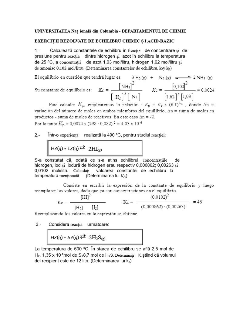 Exerciții Rezolvate de Echilibru Chimic | PDF