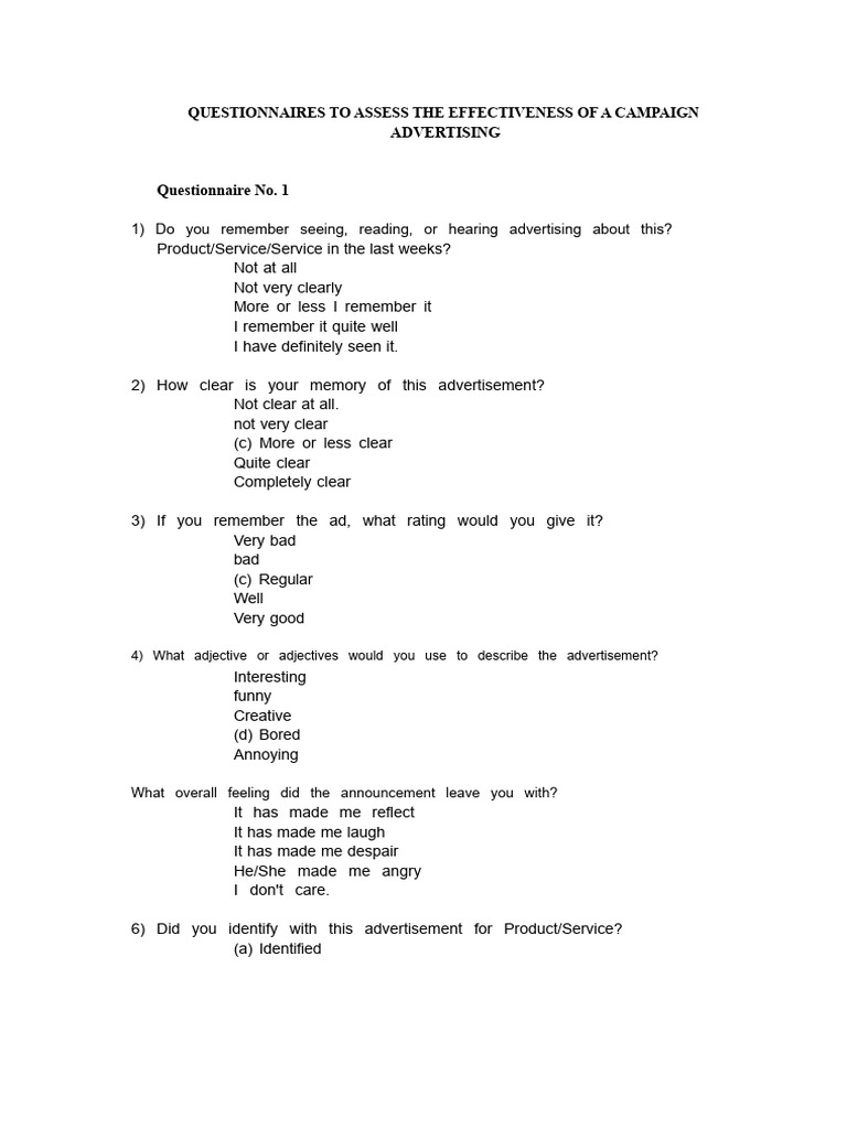 Campaign Effectiveness Assessment Questionnaires | PDF | Brand ...