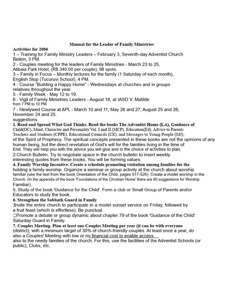 Manual For The Leader of The Family Ministries | PDF | Seventh Day ...