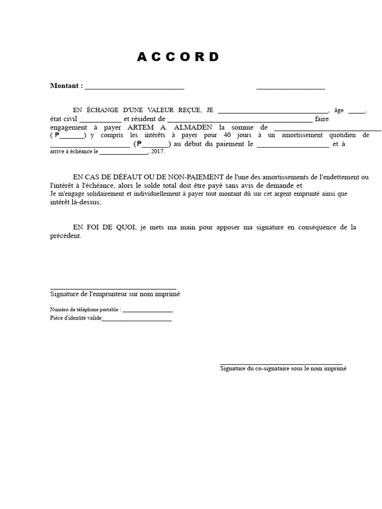 Accord de prêt avec conditions de paiement | PDF