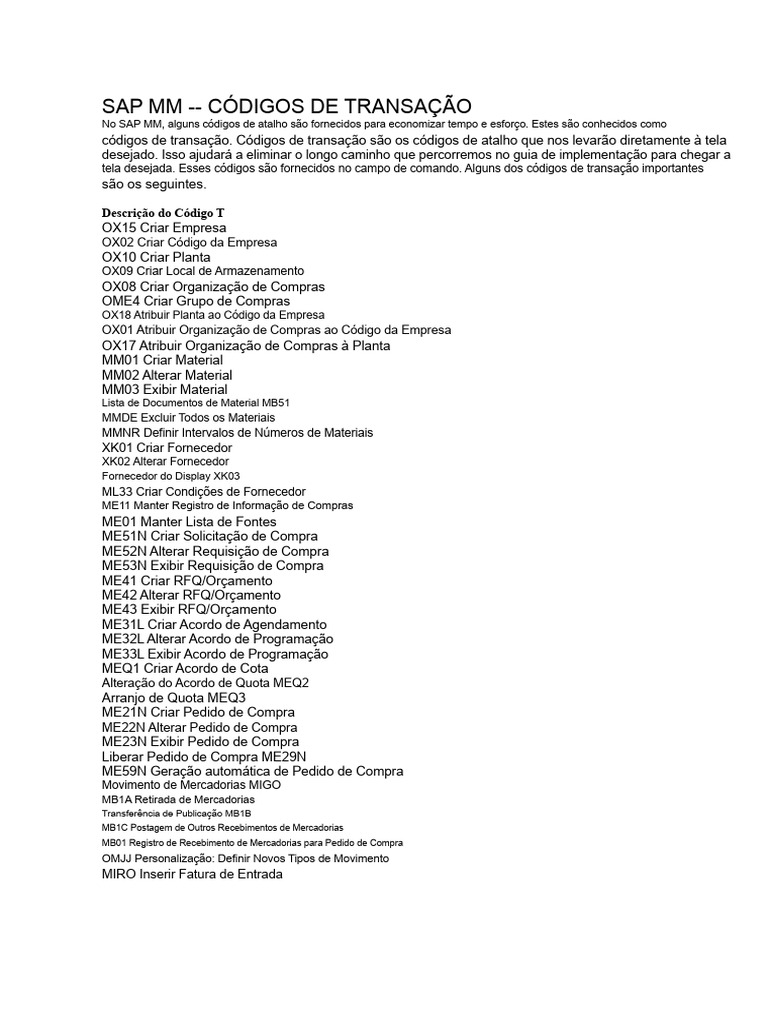 Transação Sap Mm | PDF