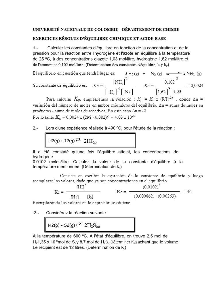 Exercices d'équilibre chimique et pH | PDF | Ph | Solution tampon