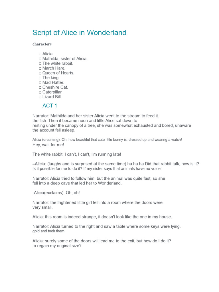 Alice in Wonderland Script Summary | PDF | Alice's Adventures In Wonderland