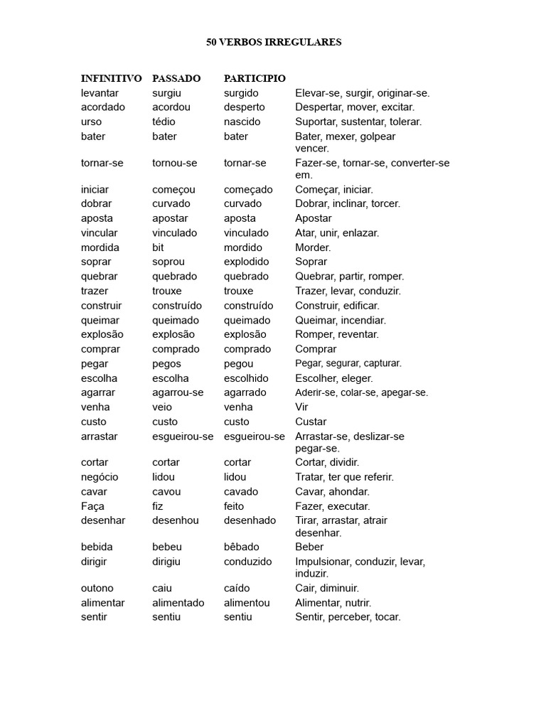 Lista de 50 Verbos Irregulares | PDF