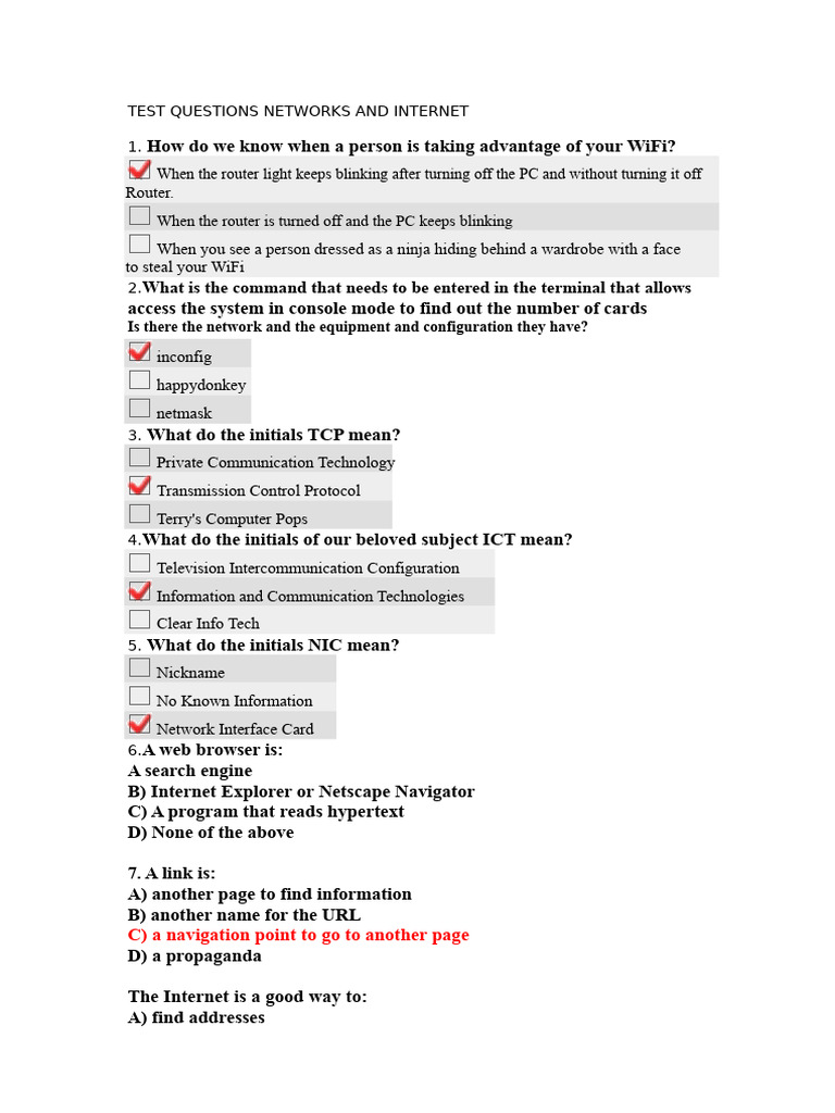 Network and Internet Test Questions | PDF | Computer Network | Internet