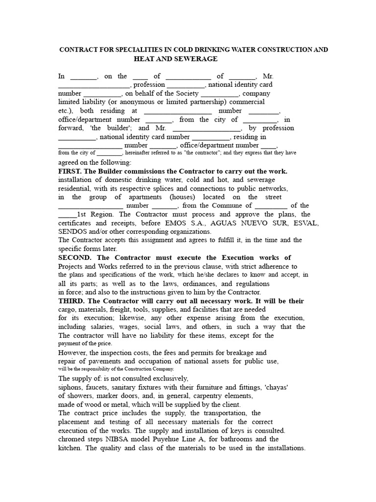 Cold Water and Sewerage Construction Contract | PDF | Employment | Business