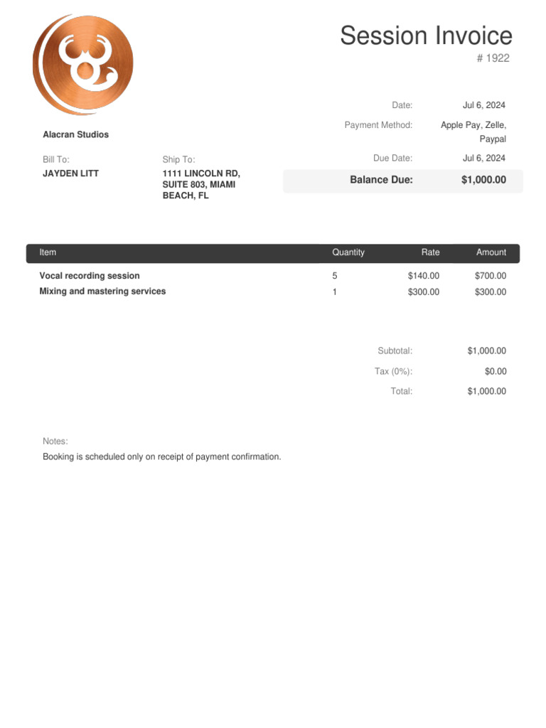 Invoice for Vocal Recording Services | PDF