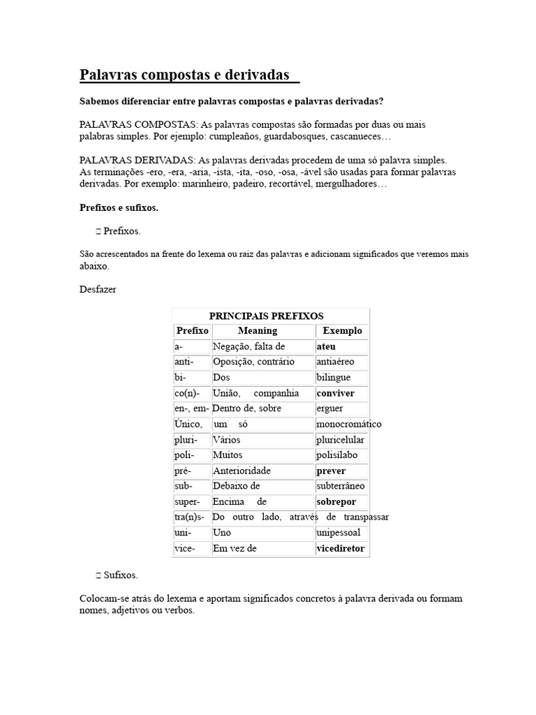 Diferença entre Palavras Compostas e Derivadas | PDF | Linguística ...