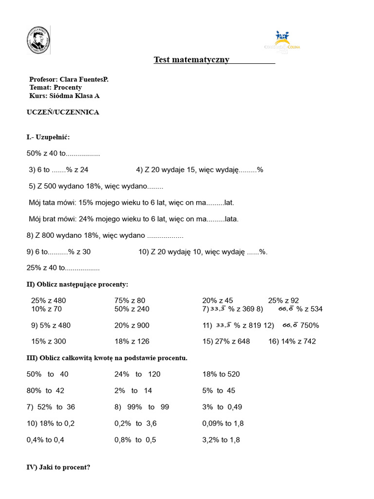 Test Z Procentów Dla Klasy 7 | PDF