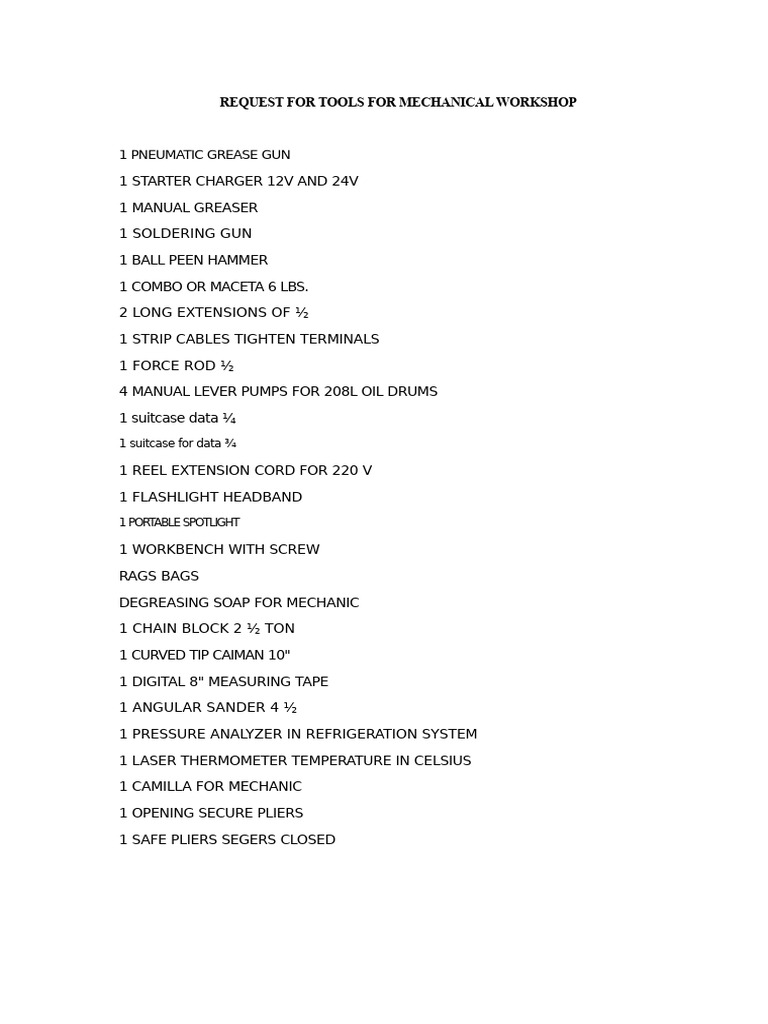 Mechanical Workshop Tools Request List | PDF