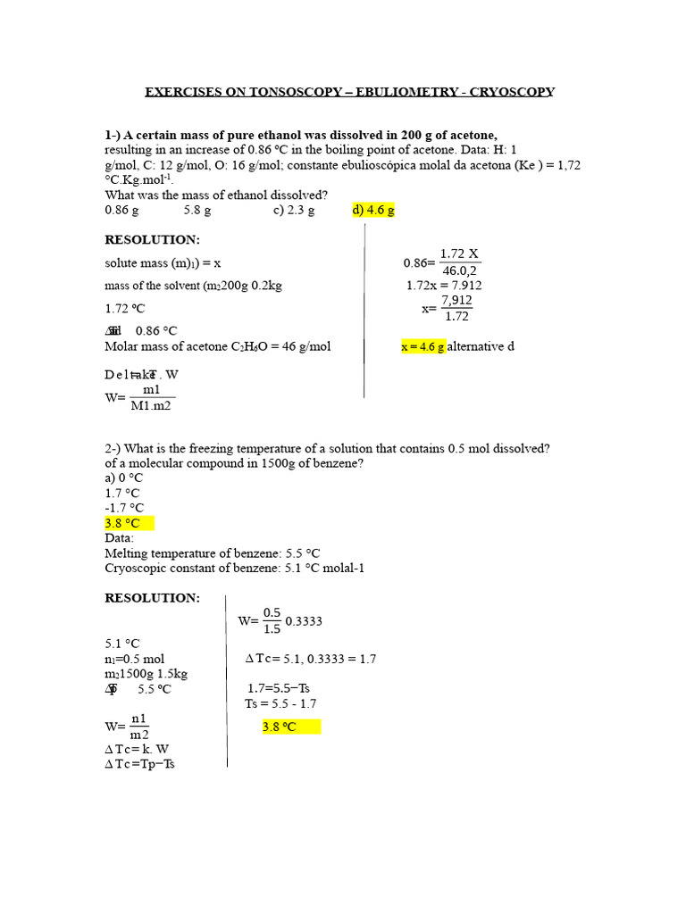 Colligative Properties Exercises Guide | PDF | Water | Phases Of Matter