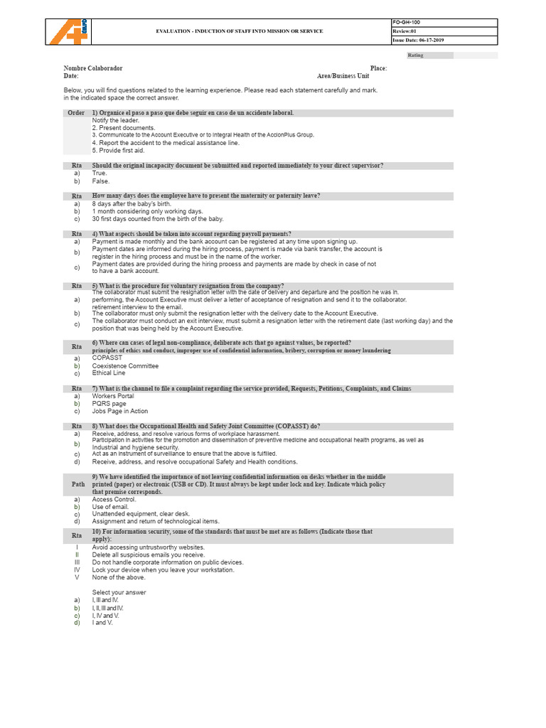 Staff Induction Evaluation Guide | PDF | Occupational Safety And Health ...