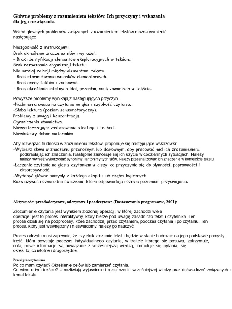 Główne Problemy Z Rozumieniem Tekstów | PDF