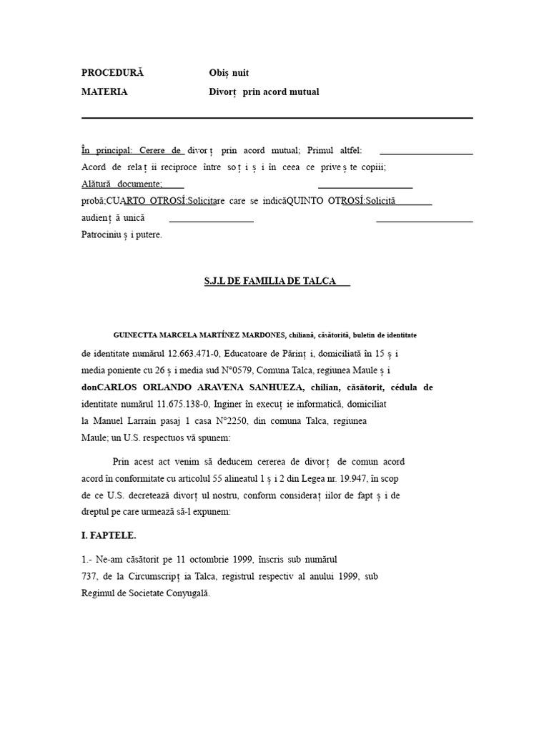 Model de Divorț Prin Acord Mutual Și Reglementarea Prestațiilor ...