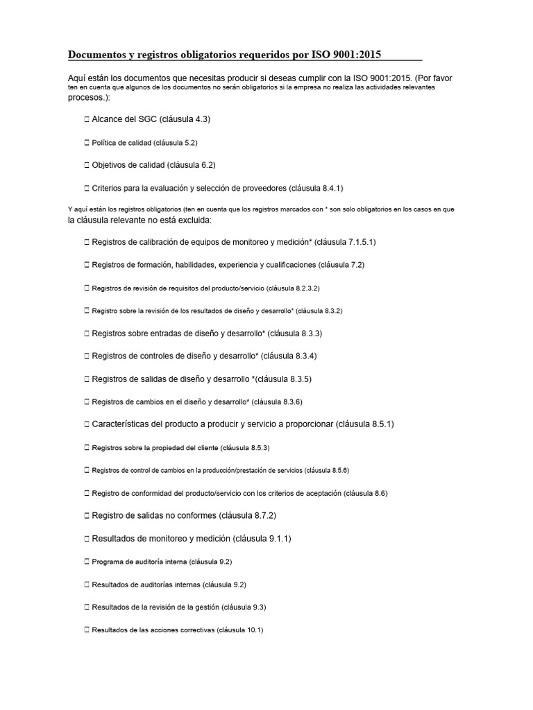 Documentos ISO 9001:2015 Requeridos | PDF | Calidad (comercial) | Business