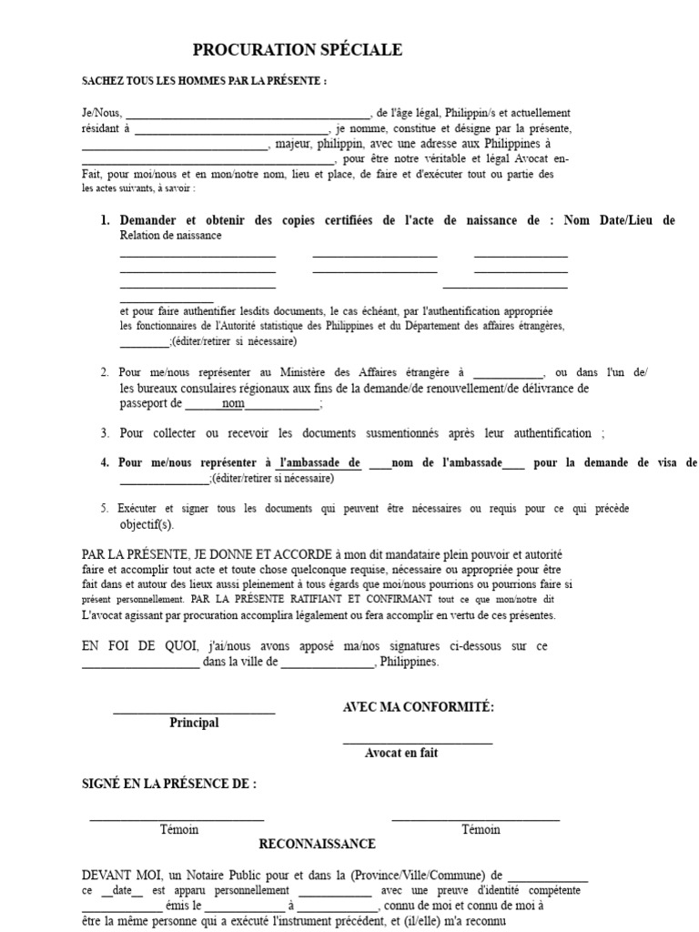 Procuration Sp ciale Pour Les Philippins PDF Visa Document 