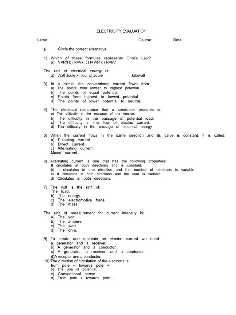 74307847-EVALUATION-ELECTRICITY.doc | PDF | Electric Current | Voltage