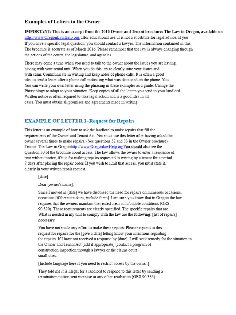 Sample Letters for Landlord Issues | PDF | Landlord | Leasehold Estate