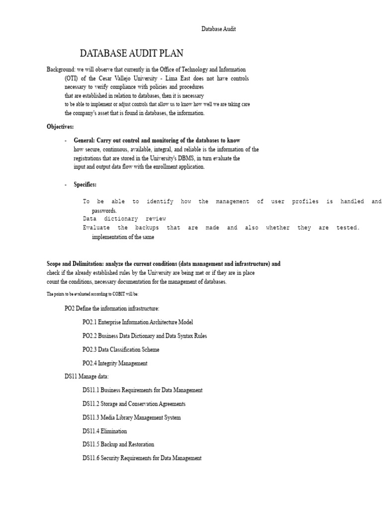 Database Audit Plan for OTI Compliance | PDF | Databases | Backup