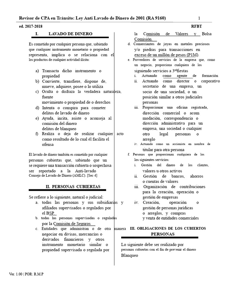 Ley Anti Lavado de Dinero RA 9160 | PDF | Lavado de dinero | Dinero