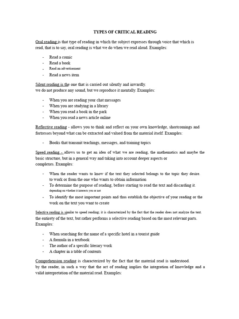 TYPES OF CRITICAL READING | PDF | Knowledge | Speed Reading