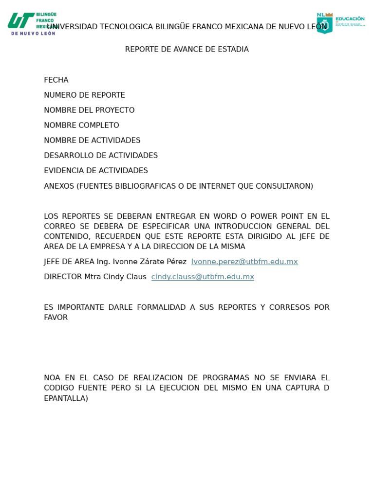 Reporte de Avance de Estadía UTBFM | PDF