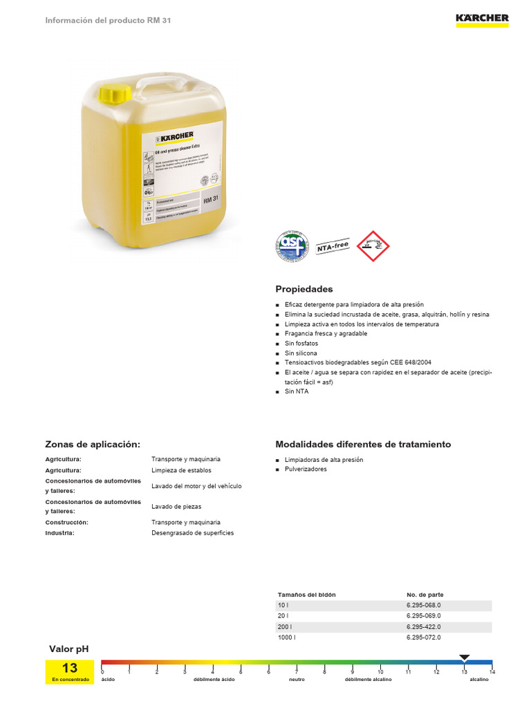 Propiedades: Información Del Producto RM 31 | PDF | Agua | Detergente