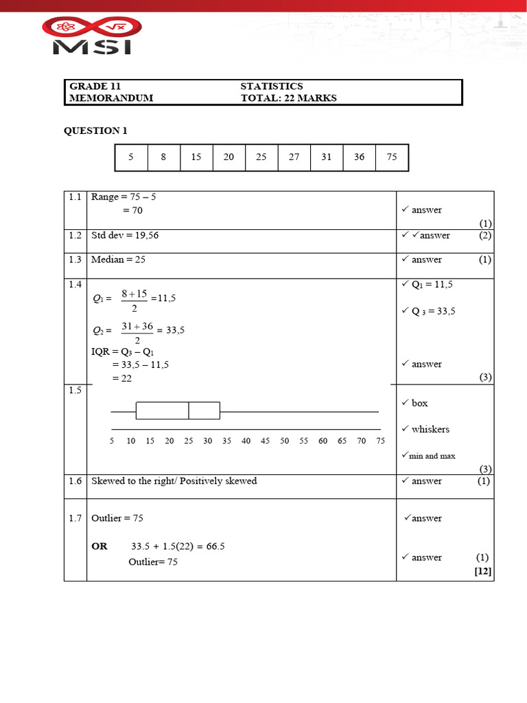 Grade 11 Statistics Questions | PDF | Descriptive Statistics ...