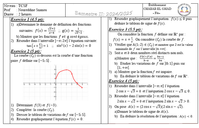 Contrôle de mathématiques TCSF Fès | PDF | Mathématiques | Analyse ...