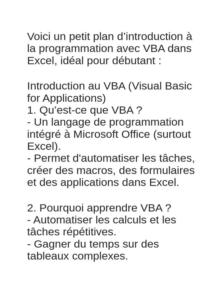 Introduction à la programmation VBA Excel | PDF | Visual Basic for ...