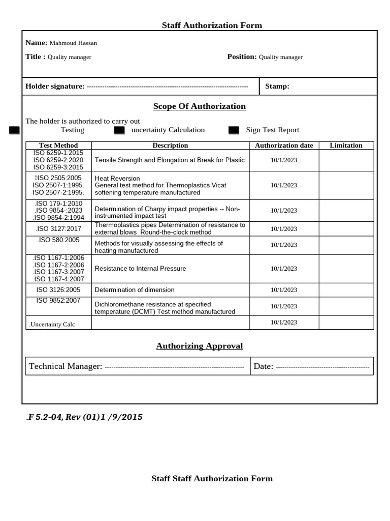 F 5.2 04 Staff Authorization | PDF | Thermoplastic | Flow Measurement