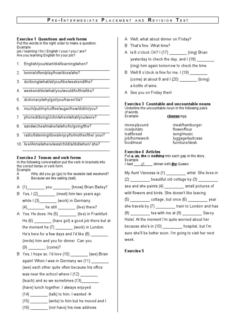 Pre-Intermediate English Test Exercises | PDF | Verb | Morphology