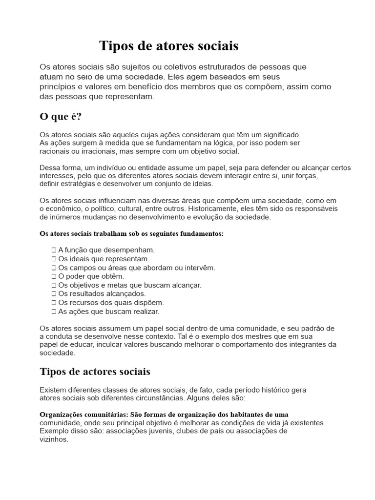 Tipos de atores sociais | PDF | Sociedade | Sociologia