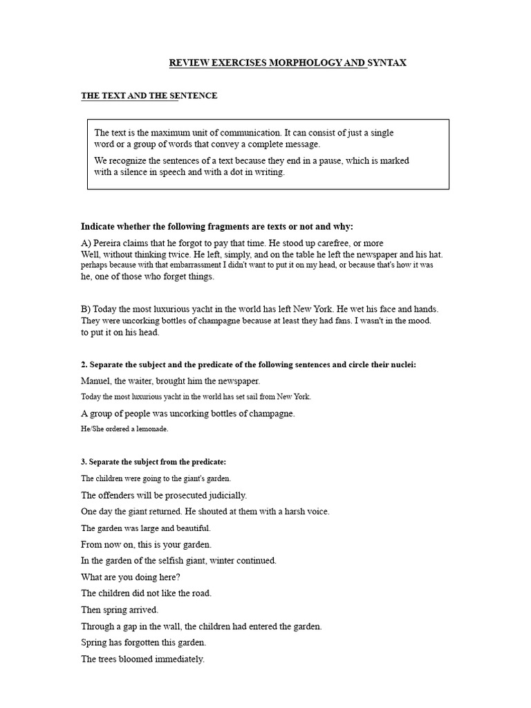 Morphology and Syntax Review Exercises | PDF | Verb | Adjective