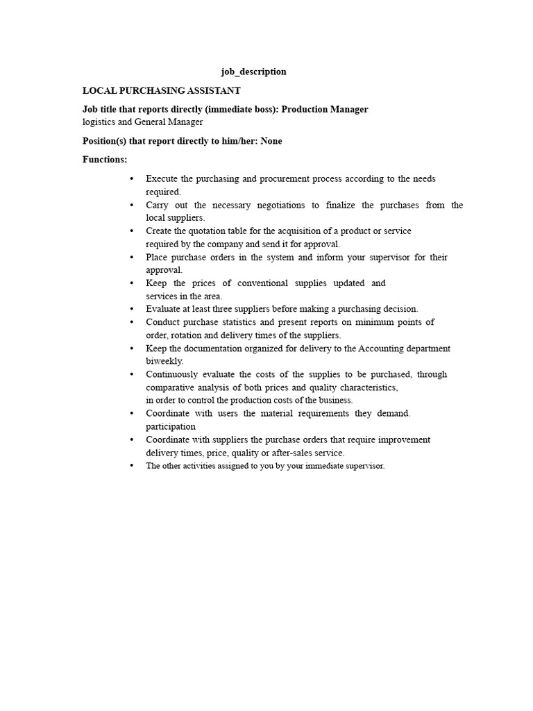 Local Purchasing Assistant Job Description | PDF | Supply Chain | Logistics