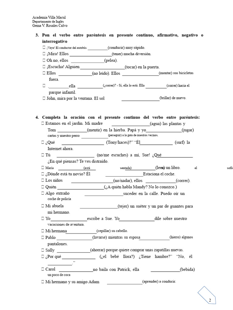 Ejercicios de Presente Continuo en Inglés | PDF