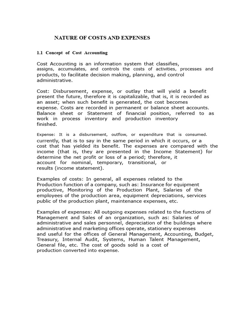 Nature of Costs and Expenses. | PDF | Expense | Cost Of Goods Sold