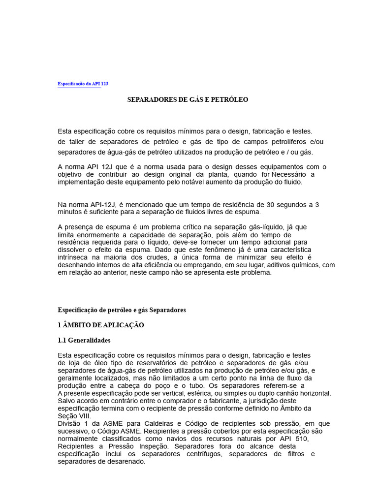 Especificação da API 12J para Separadores | PDF | Petróleo | Extração ...