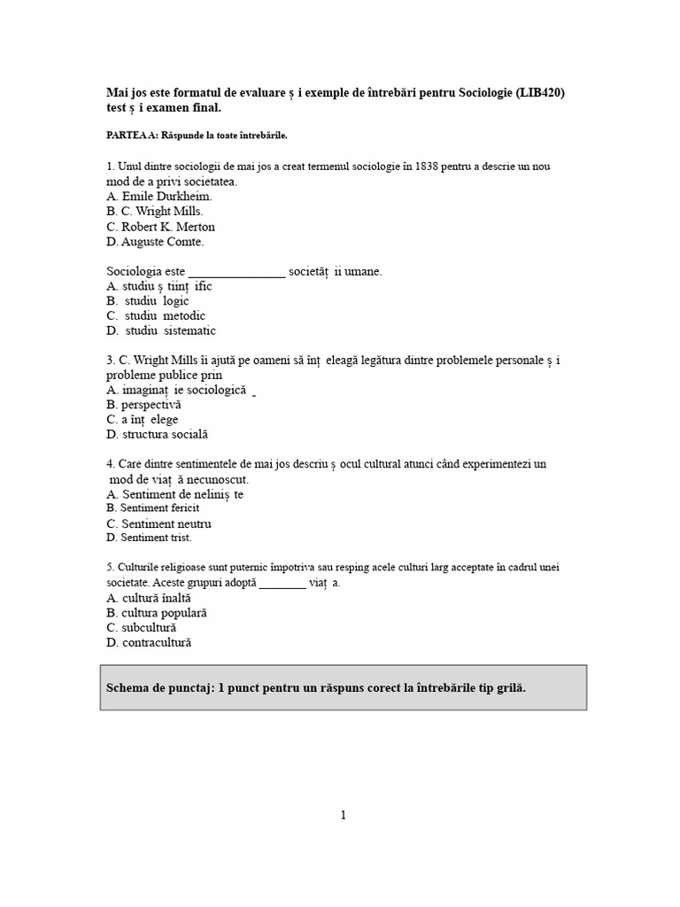 Sociologie Exemplu Test - Examinare Evaluare | PDF