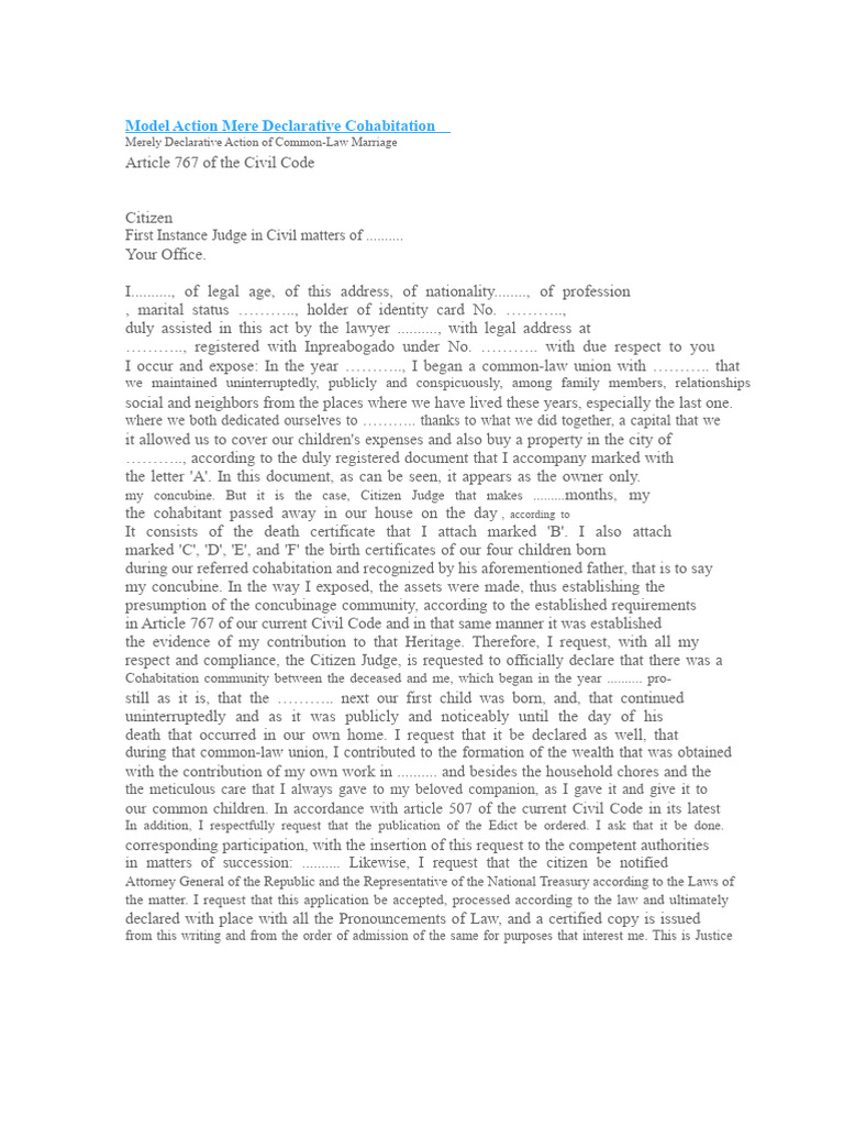Declarative Action for Common-Law Marriage | PDF | Marriage, Unions And ...
